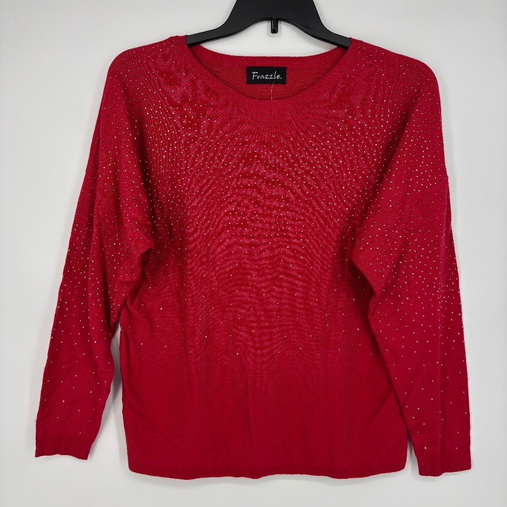 Frazzle Womens Large Pullover Sweater Red Fine Gauge Metallic Studs Long Sleeves